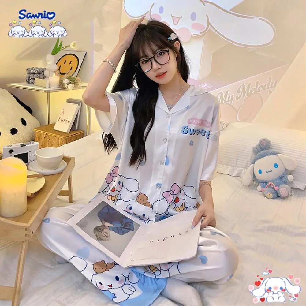 

Новая кавайная Пижама Sanrios Cinnamoroll из мультфильма, летняя ледяная Шелковая пижама с коротким рукавом, комплект из двух предметов, девочки можно носить снаружи, домашняя одежда