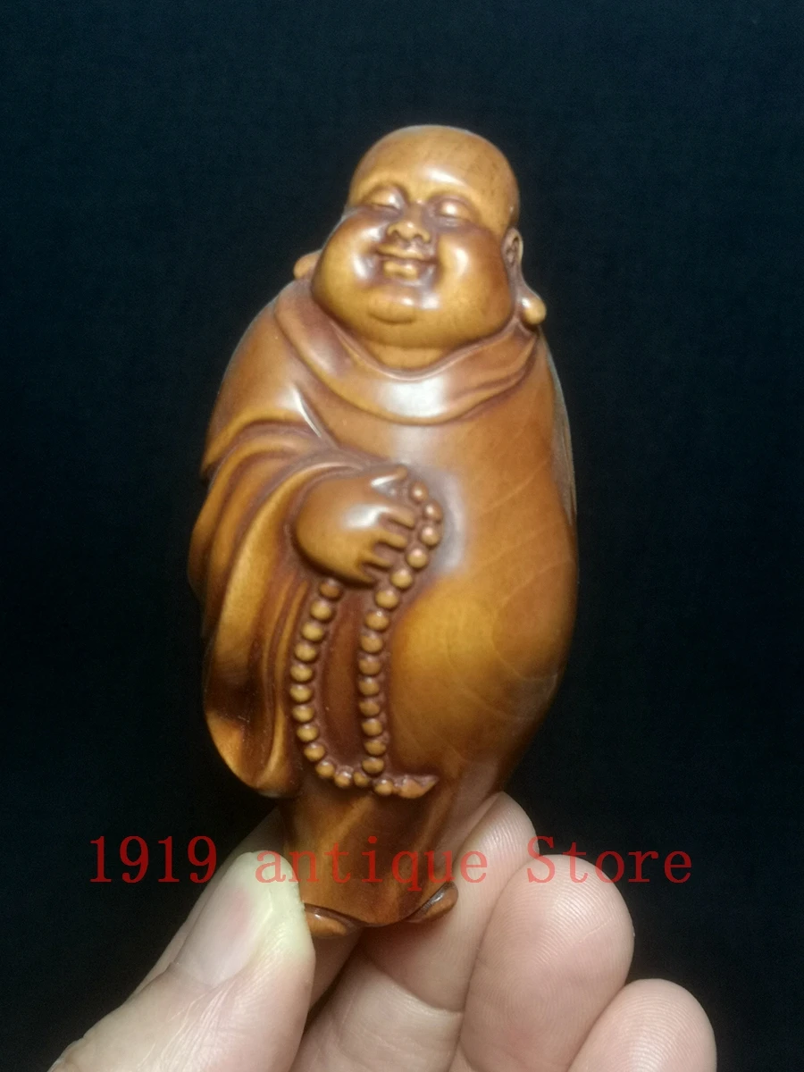 

1919 Japanese boxwood hand carved Lovely Maitreya Buddha Figure statue table deco Decoration collectable gift