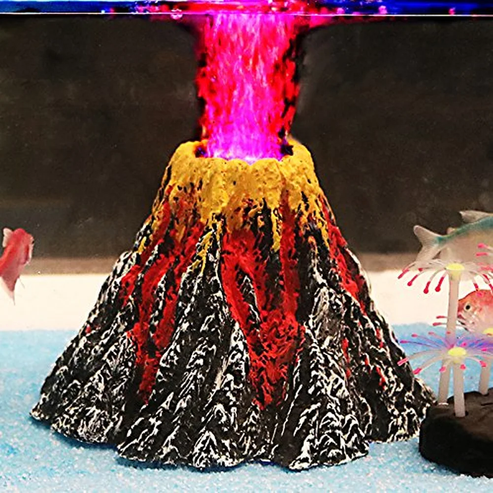 

Aquarium Volcano Ornament with LED Lamp Air Stone bubbler Fish Tank Decorations Oxygenation Tools Landscaping Simulation Decor