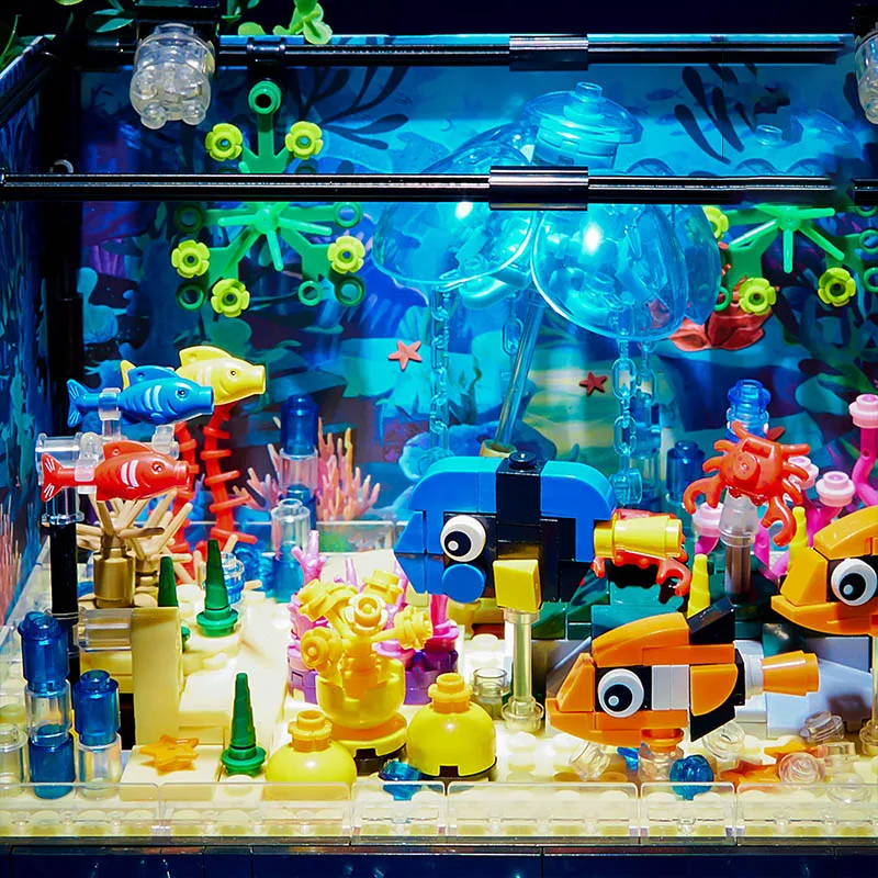 

753pcs LED Lights Building Blocks MOC Creative Fishbowl Aqusrium Jellyfish Fish Tank Model City Sea Turtle Toys Child Gift