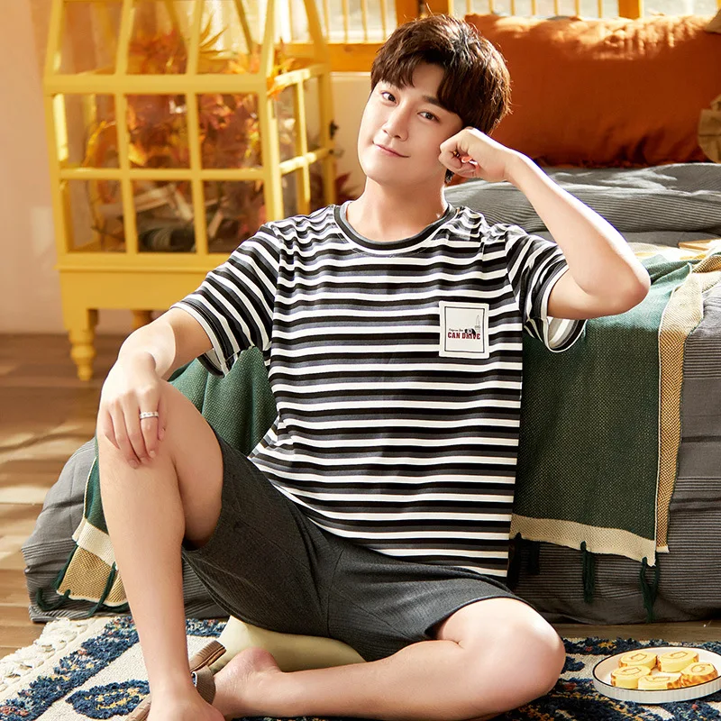 Men's Pajamas Summer Round Neck Short Sleeves Casual Simple Korean Style Loose Homewear 2 Piece Set Men's Thin Section Plus Size