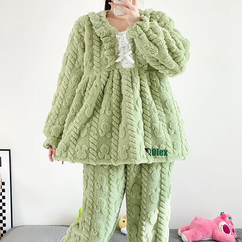 

Зимняя теплая Пижама, Женский пижамный комплект для сна, комплект из двух предметов, ночная рубашка, фланелевая Домашняя одежда, пижама размером 7XL