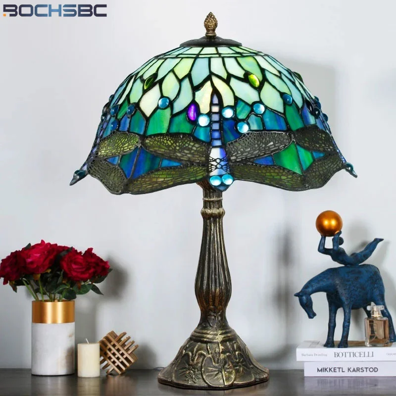 

BOCHSBC Tiffany Style Table Lamp Red Dragonfly Colorful Stained Glass Luxury Handcraft Art Desk Light Antique Dimming Switch 12"