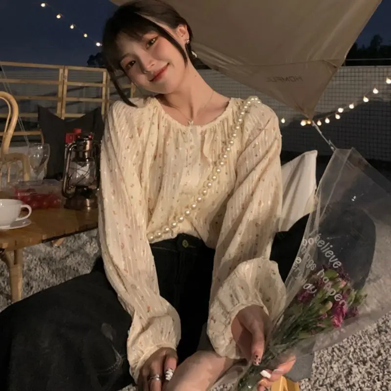 

Женская шифоновая блузка с длинным рукавом, длинным рукавом и круглым вырезом