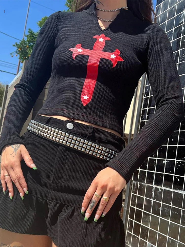 

Retro New Gothic Cross Graphic Casual Women T-shirts Y2k Punk Long Sleeve Skinny V-neck Crop Tops Grunge Fashion Streetwear 2022