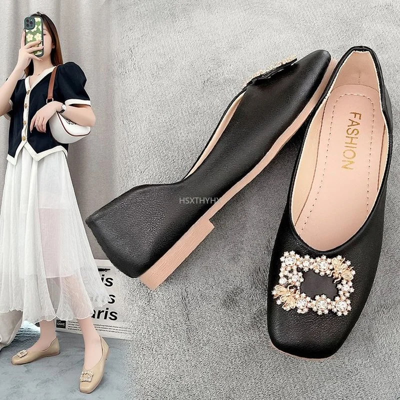 

2022 Summer New Flat Sole Shoes Square Toe Shallow Mouth Square Buckle Soft Sole Rhinestone Shoes Sexy Black Women's Shoes