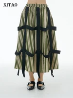 xitao tassel skirt fashion elegant striped small fresh elastic waist women patchwork goddess fan casual style skirt wld8388