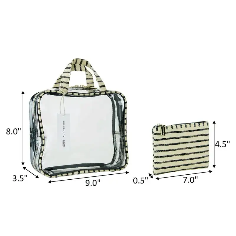 Fashionable 4-Piece Stripe Canvas Organizer Bag Set for Makeup, Toiletries and Accessories - Includes Flat Zipper Pouch, Train C