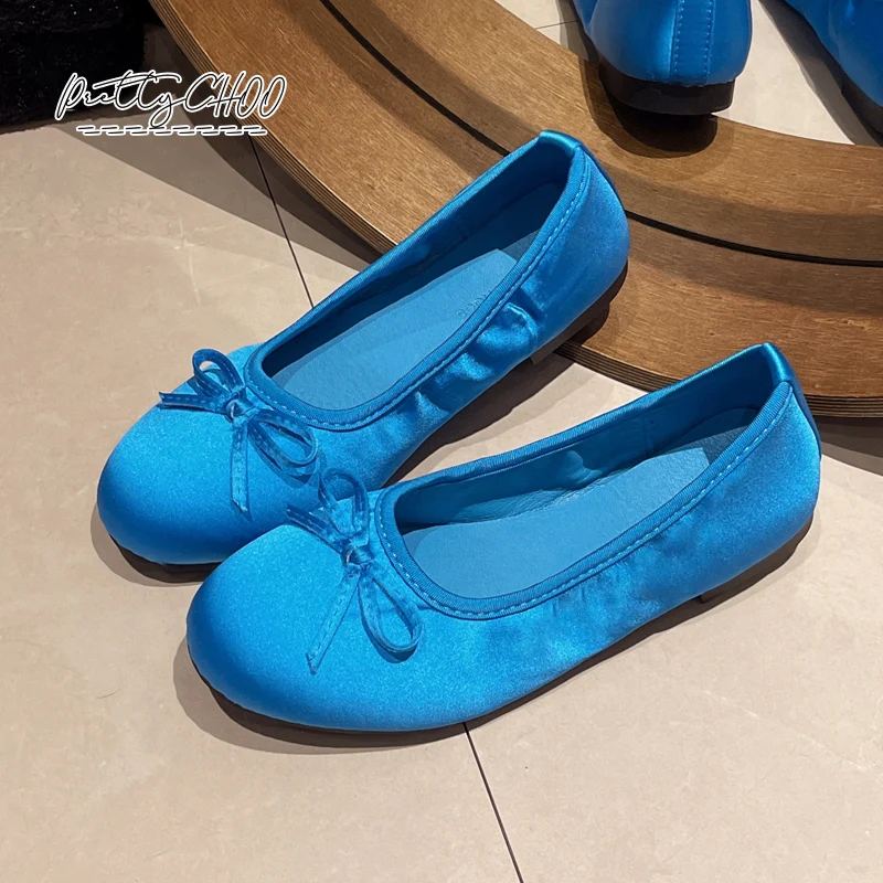 Женские Классические балетки ярко-синий шелк Балетки с круглым носком бантом