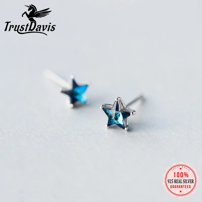 

TrustDavis Real 925 Sterling Silver Fashion Cute Blue CZ Stone Star Stud Earrings Gift For Women Girls Kids Lady Jewelry DS351