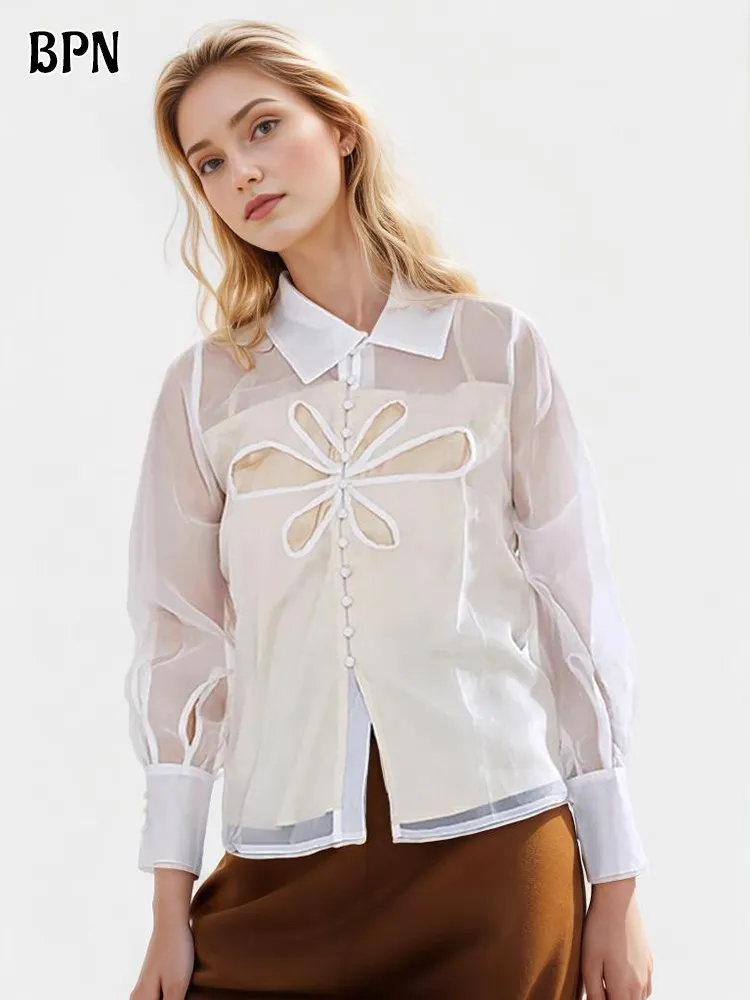 Женская однотонная однобортная блузка с длинным рукавом и отложным воротником