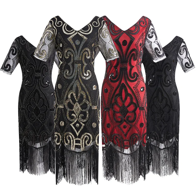 

2023 Women Vestidos Black Vintage 1920s Flapper Great Gatsby Beaded Dress Stunning Shortsleeve V Neck V Back Sequin Party Dress