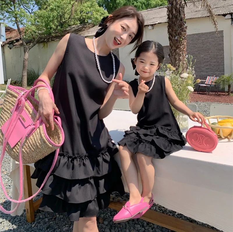 

Mam And Daughter Dress For Weding Party Mother Baby Girls One Piece Dresses For Women's Black Robe Parent-Child Matching Clothes