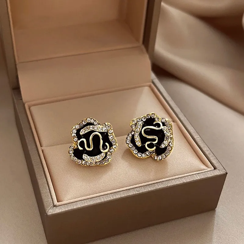 

14K gold plating Korea new fashion jewelry copper zircon black enamel camellia earrings elegant women's daily work accessories