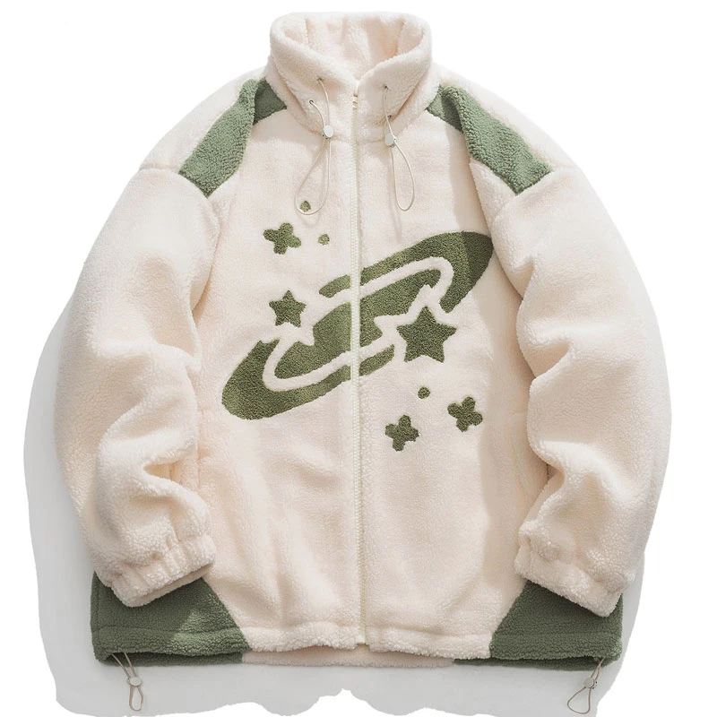 

Winter Fuzzy Fluffy Lambswool Jacket Parkas Harajuku Star Color Block Patchwork Coats Streetwear Fashion Hip Hop Casual Jackets