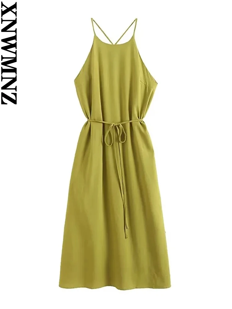

XNWMNZ Women's Fashion 2023 Linen Blend Slip dress Women Vacation Style Open Back Tie Simple Versatile Female Midi Dresses