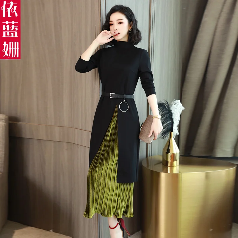 Fall 2018 new female Korean fashion suit knitted dress temperament slim fake two-piece long sleeve bottomed skirt