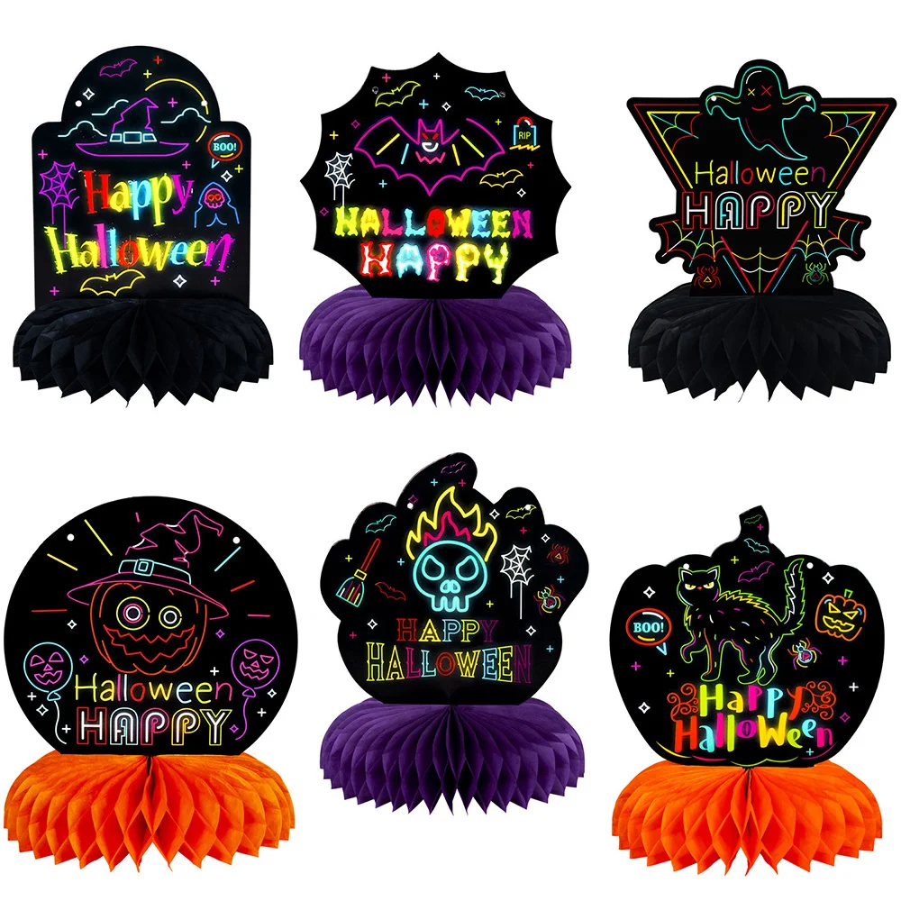

6Pcs Halloween Party Honeycomb Pumpkin Skull Ghost Cat Tombstone Elements Table Birthday Party Decoration Supplies