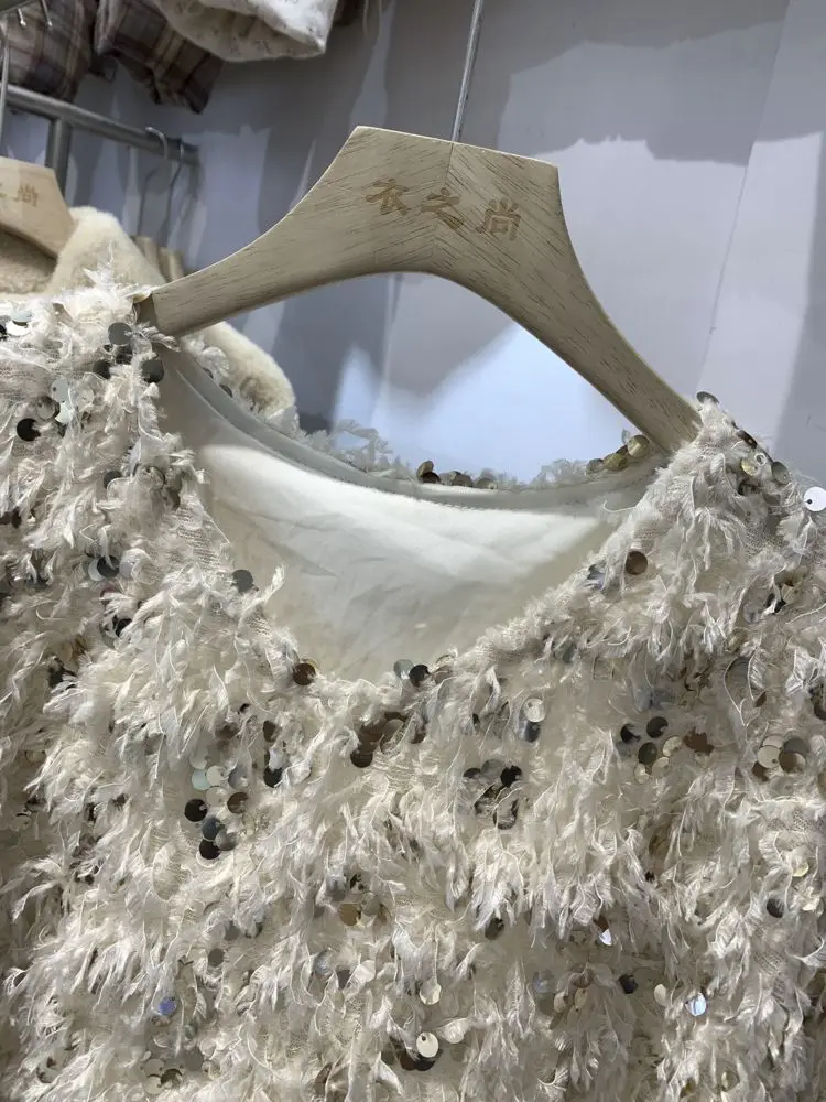 High End Sequined Feather Sweater for Women Spring Autumn and Winter New Design Sense Niche Super Beautiful Little Shirt Top