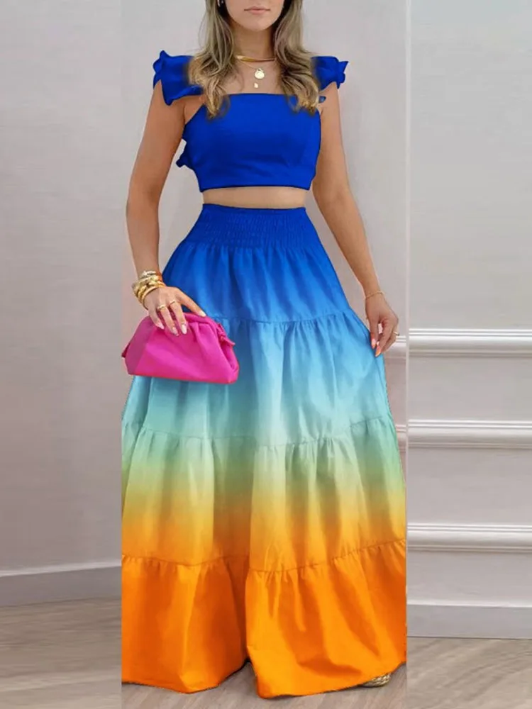 

Women 3D Tie-dye Print 2pcs Outfits Spring Butterfly Sleeveless Crop Top and Boho Skirt Office Suit 2022 Summer Ruffle Beach Set