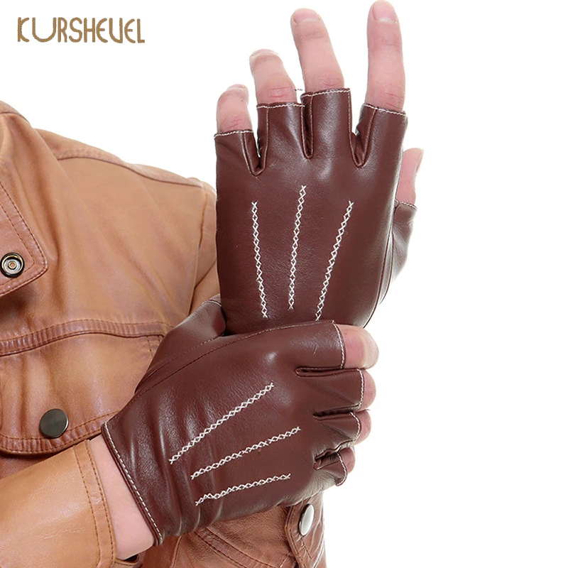 Unisex Half Finger 3 Ribs Sheepskin Leather Gloves Men Women Finger-less Leather Motorcycle Gloves Driving Outdoor Sports AGD015