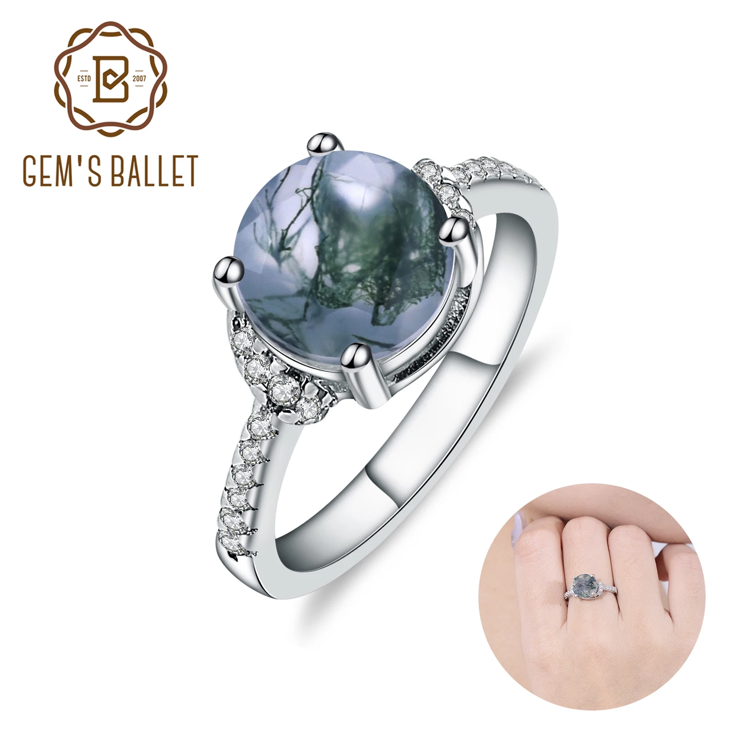 

Кольцо GEM'S BALLET "Серия водной травы" 9 мм * 9 мм круглое кольцо из натурального Мохового агата с драгоценным камнем в 925 пробы Серебряное кольцо на годовщину