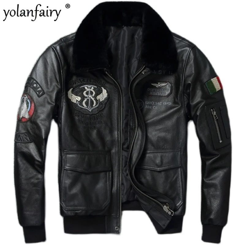 

Genuine Leather Jacket Cowhide Short Leather Jacket Men Embroidery Motorcycle Thicken Parkas Trendy Aviator Jacket Chaquetas Sq