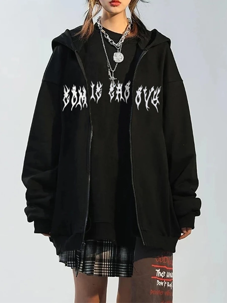 

Женские худи с длинным рукавом и графическим принтом Y2k, куртки большого размера на молнии в готическом стиле, винтажная уличная одежда в стиле панк и гранж