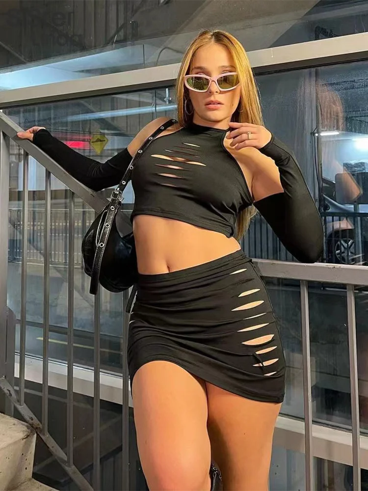 

Женский комплект из 2 предметов Sisterlinda, элегантный хипстерский топ с открытыми плечами и длинным рукавом и юбка с высокой талией, наряд для о...