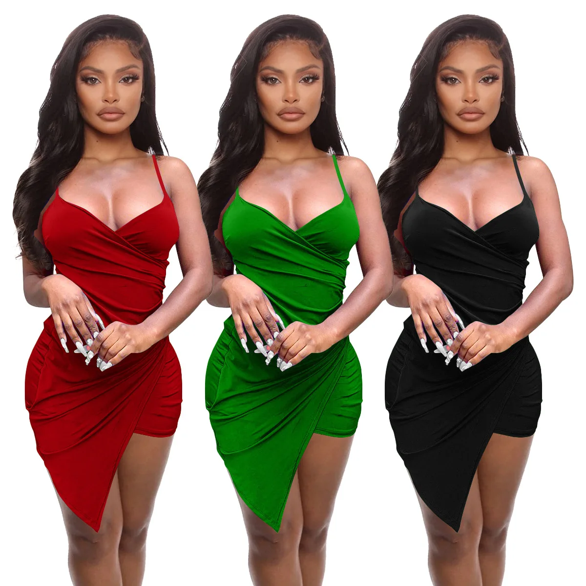 

European And American Summer Fashion Sexy V-neck Suspender Solid Color Irregular Mini Skirt Women's Waist Wrap Hip Dress