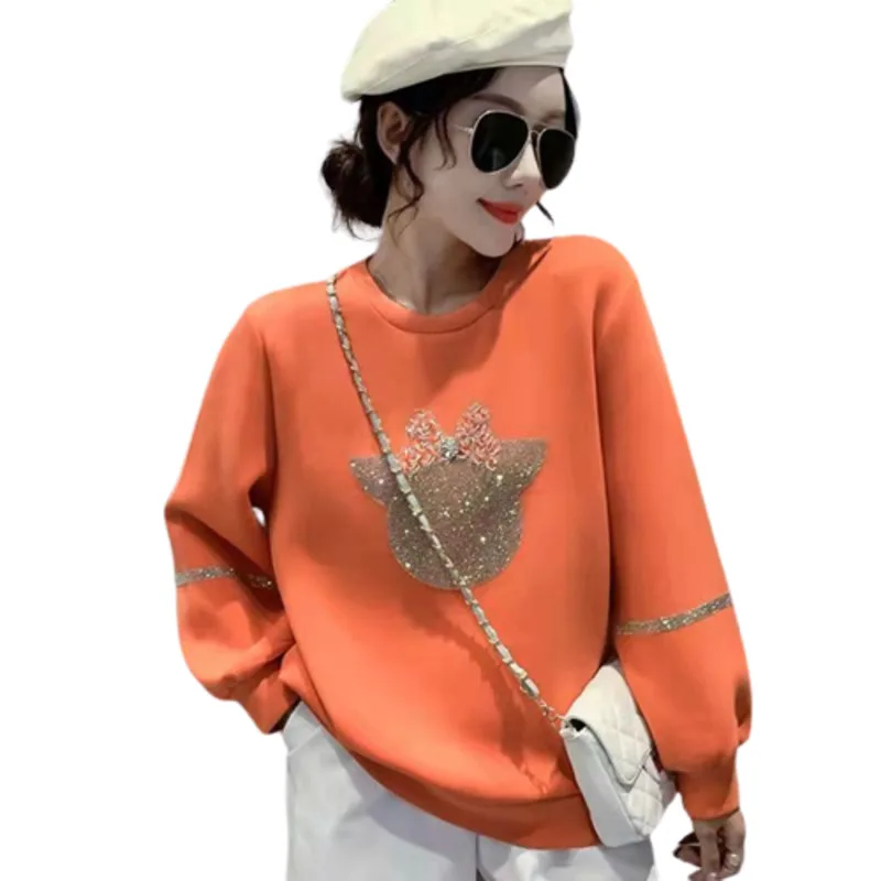 

Women's Orange Sweater Heavy Industry Hot Drilling Autumn And Spring New Lazy Thickened Long Sleeved Shirt Korean Y2k Pullovers