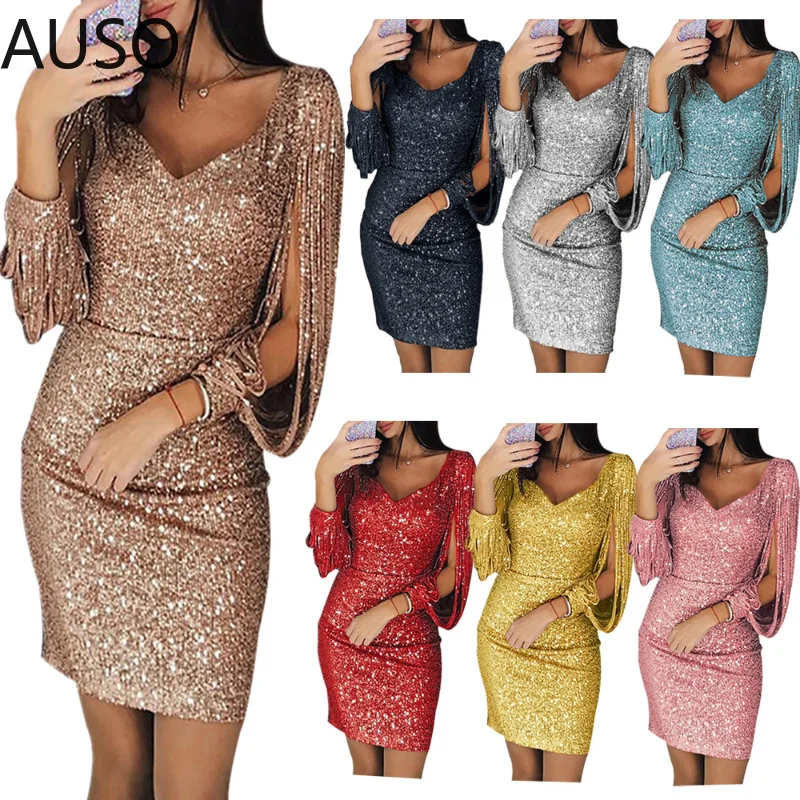

Sequin Sexy Dress Women Fashion Elegant Bling Mini Dress Clothes Party Dresses Casual V-Neck Dresses
