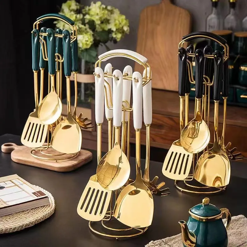 

Stainless steel kitchen utensils set ceramic handle cooking shovel spoon seven-piece set household soup colander spatula fishing