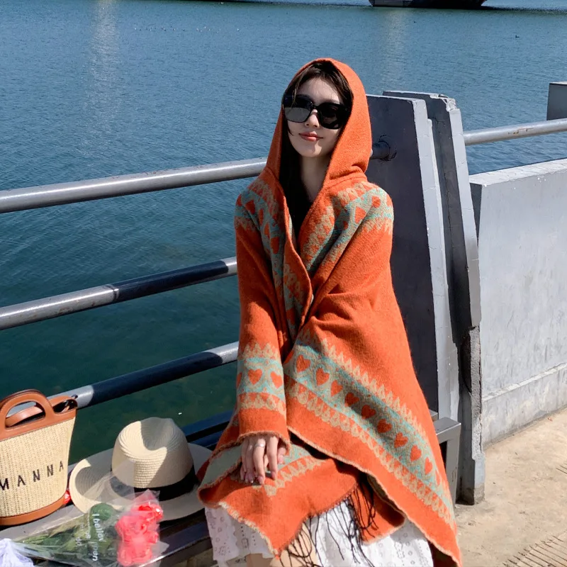 

Пончо с имитацией кашемира в этническом стиле Женская туристическая верхняя одежда с капюшоном вязаная шаль женская накидка пальто оранжевое