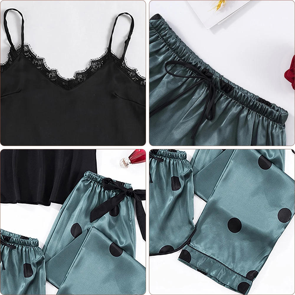 New Sleepwear Lace Edge Sexy Sling Shorts Casual 3PK Women's Soft and Comfortable Silk Homewear Cute Little Dot Sleepwear Set