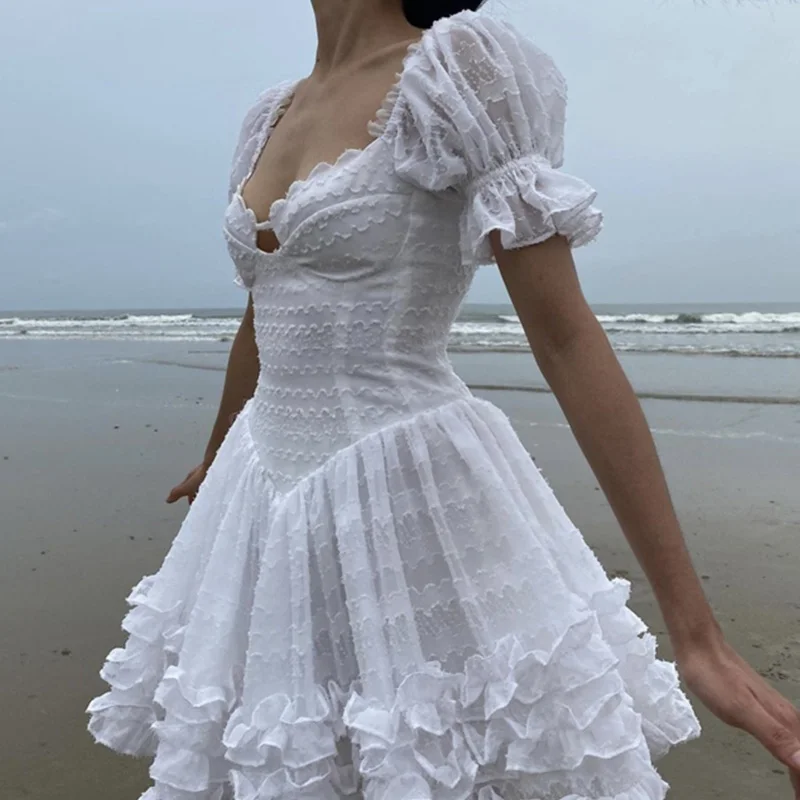 

E GIRLS Boho White Dress Women 2022 Summer Neck Puff Sleeve Mini Bodycon Dress for Women High Waist Vintage Vestidos Party