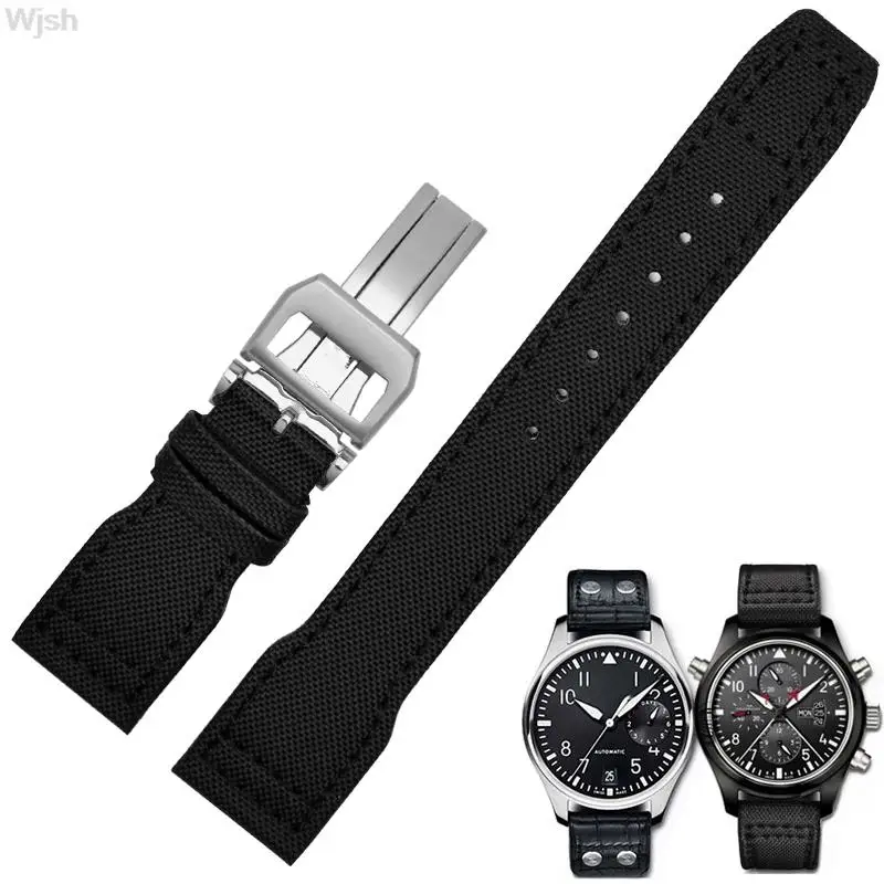 

22mm Nylon + Genuine Leather Watchbands Green Black High Quality Watch Band Strap With Silver Pin Buckle Men's watch accessorie