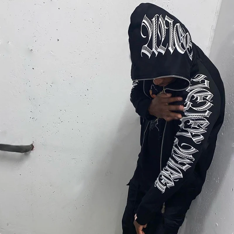 

Punk Gothic Letter Print Hoddie Y2k For Men Full Zip Hoodie Women Sudaderas Hombre Unisex Hooded Jackets New