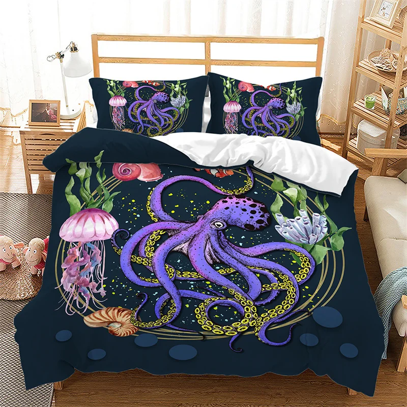 

Set Turtle Octopus Bedding Set Ocean Theme Comforter Cover King Queen for Kids Boys Girls Teen Decor Cute Sea Animal Duvet Cover