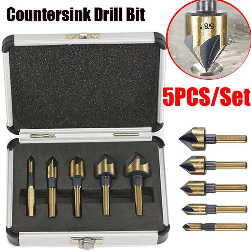 

5 Pcs/Set Industrial Countersink Drill Bit Set Tri-Flat Shank Quick Change 1/4"-3/4" Kit Woodworking Professional Tools With Box