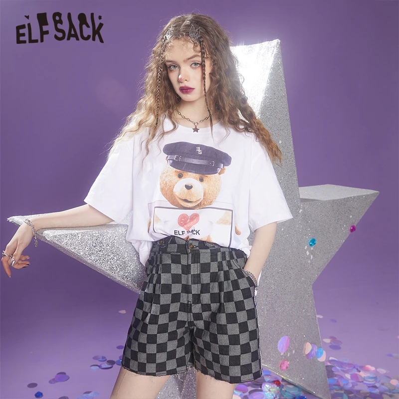 

ELFSACK Checkerboard High Waist Denim Shorts Woman 2022 Summer New ELF Stylish Raw Hem Korean Ladies Basic Daily Bottoms