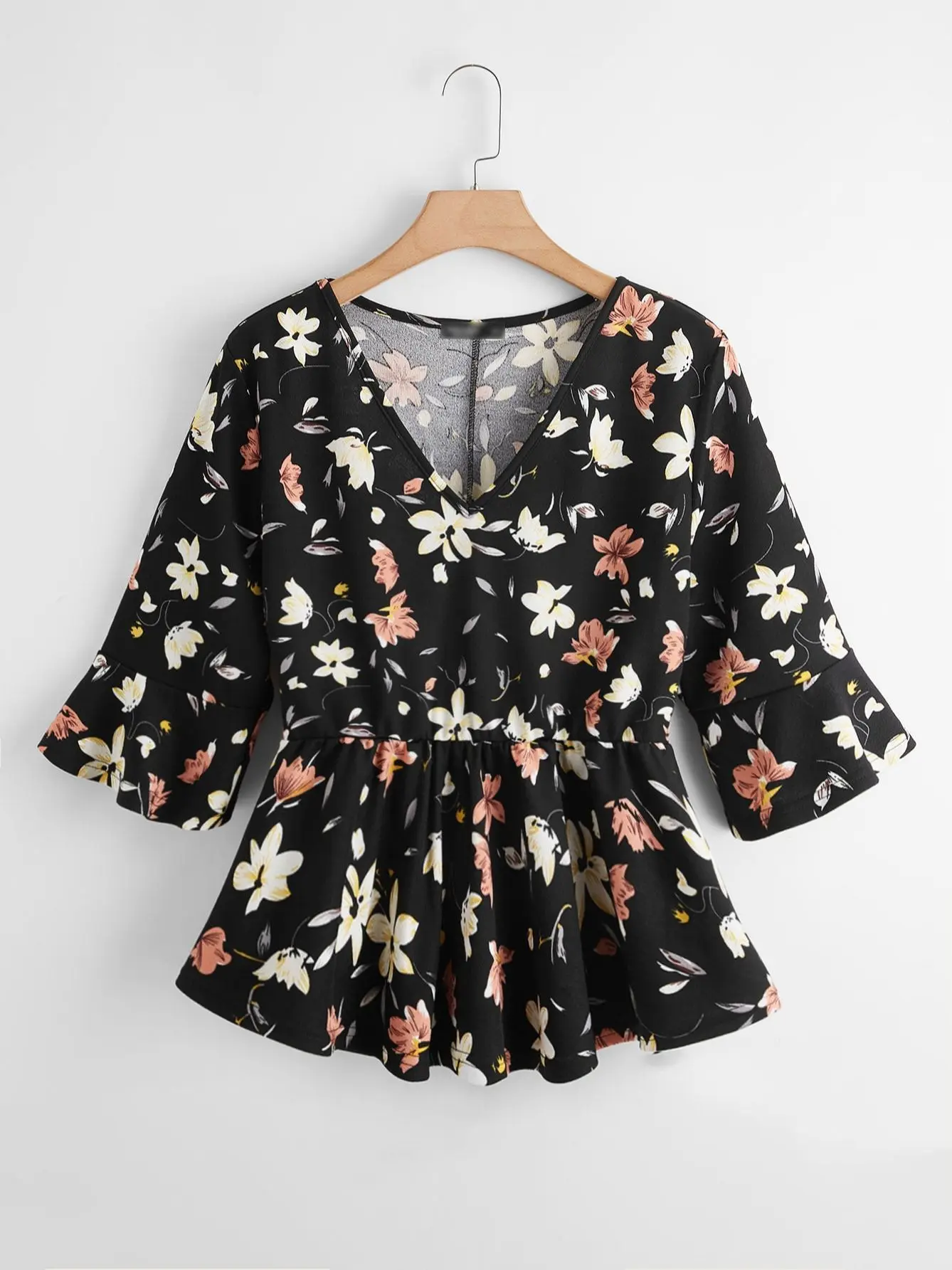 

EARO Black Floral Print Blouses Women Half Ruffles Sleeve Peplum Tops Plus Size 4XL 2022 Summer Casual Large Oversized T-Shirts
