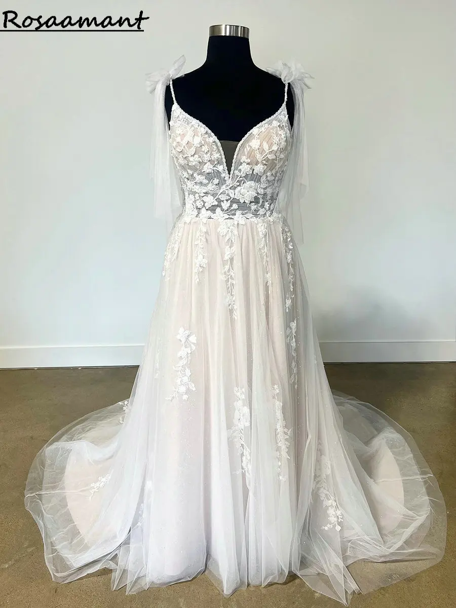 

Real Image Spaghetti Straps Bow Wedding Dresses A-Line Illusion Sleeveless Pleat Appliques Lace Bridal Gowns