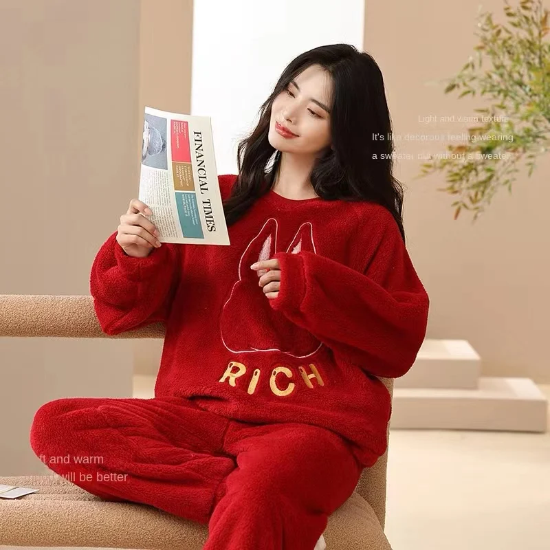 Pajamas Set Women's Winter Thickened Flannel Round Neck Style Sweet Pajamas Comfortable Warm Home Suit Set Pyjamas Femme