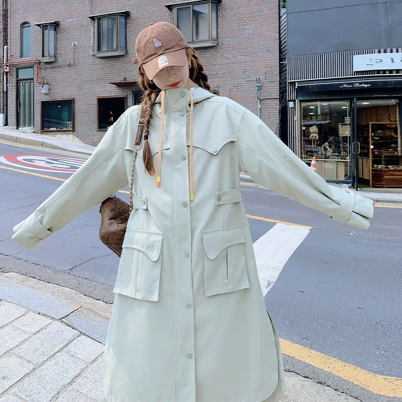 

SuperAen, Корейская ветровка с капюшоном, женское осеннее пальто, новинка 2023, свободный дизайн, модный длинный плащ