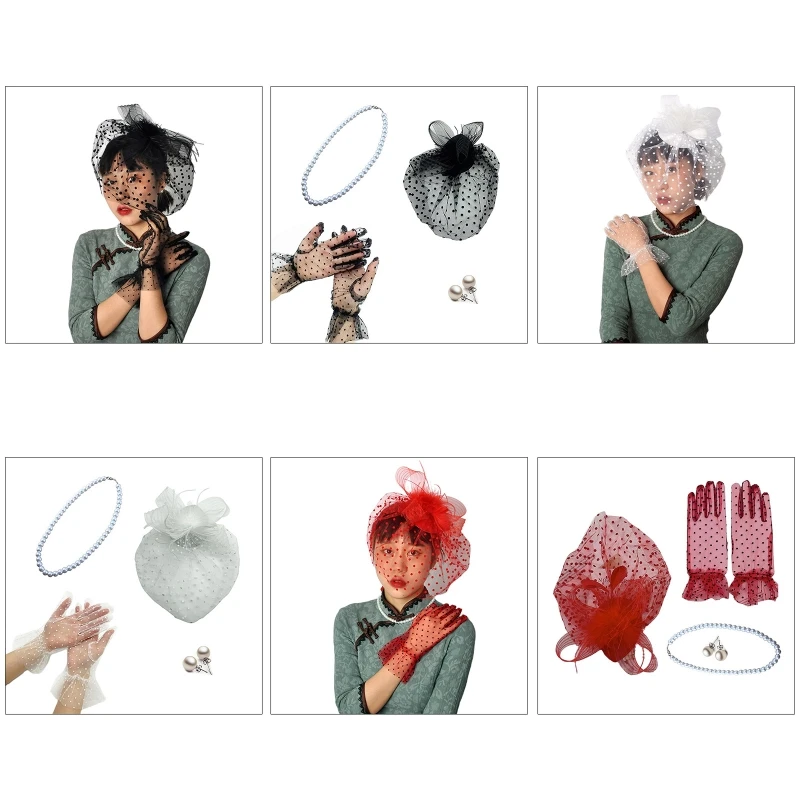 

Women Feather Mesh Headpiece & Gloves Cocktail Party Wedding Dress Accessory