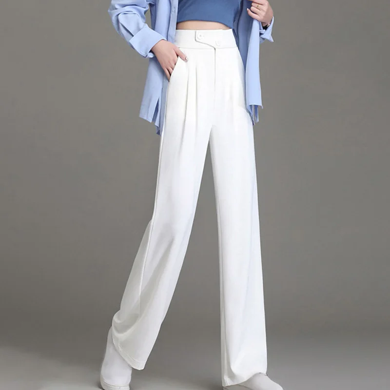 Fashion New Pockets Solid Drape Suit Pants Spring Summer Korean Button High Waist Loose Wide Leg Mopping Trousers Women Solid
