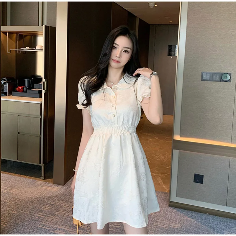 

2023 Dress Summer New French Niche Retro Bubble Sleeved Women'S Waistband Slim A-Line Package Shipping