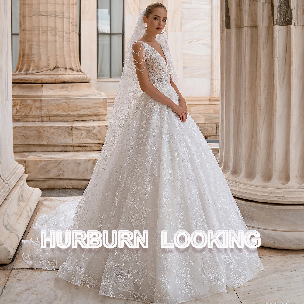 

HERBURN Modern Wedding Dresses For Women Beads Lace Sequin Appliques Button Cathedral Dropping Shipping Vestido De Casamento