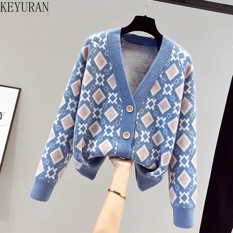 

Argyle Knitted Cardigan Women's Sweater Coat 2022 Spring Autumn New Korean Loose Long Sleeve V-neck Plaid Knitting Jacket Female